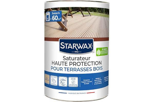 STARWAX - Saturateur Haute Protection -Pour Terrasses et Bois Extérieurs Incolore -Protège et Nourrit - Préserve l'Aspect Naturel du Bois- Huile de Tung - Sans Solvant -Fabriqué en France - 5L - 60m²