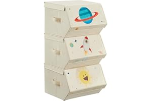 SONGMICS Aufbewahrungsbox Kinder, 3er Set, Faltboxen, Spielzeugkiste mit Deckel, 38 x 35 x 25 cm, für Kinderzimmer, Spielzeugzimmer, Weltraummotive, beige RLB700M01
