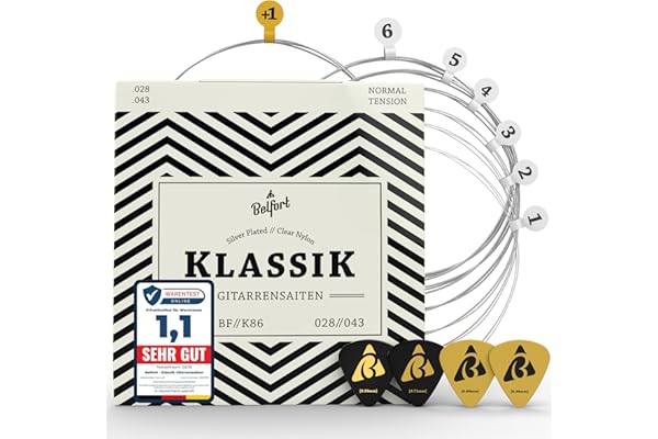 Belfort® Juego Cuerdas Guitarra Española, Clasica, Cuerdas Guitarra Flamenca) 6x Cuerda Nylon + 4 púas + eBook - Accesorios, Cuerda Guitarras (Guitar Strings)