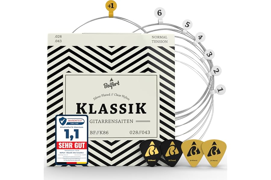 BELFORT Gitarrensaiten Konzertgitarre, Saiten für klassische Gitarre aus Nylon und Silber, Akustikgitarre (6-Saiten Set) - In