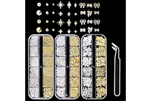 3D Nail Charms, VEGCOO 3 Boxes Gold Silver Nail Stuff Nail Gems Rhinestones Charms with Tweezers, Assorted Styles Bows Stars Pearls Nail Art Charms for Women Girls Nail Art DIY Accessories
