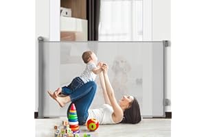 1st Deer Baby Gate, Retractable Child Gate Extends up to 140cm/ 55”, One-Hand Operation Baby Gate for Doorways, Stairways & Hallways, Indoor & Outdoor, Door & Stair Gate for Baby, Dogs & Cats, Grey