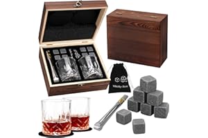 XSpecial Whiskey Glass Whiskey Stones and Glasses Gift Set Crystal Whiskey Glass Gift Sets for Men Whiskey Stones Gift Sets Reusable with Coasters Tong Pouch Wooden Box Gifts for Dad Him Her