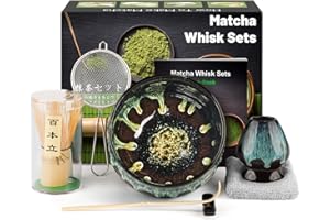 KURKIP Kit de cérémonie à matcha japonais 7 pièces, batteur à matcha en bambou naturel, bol à matcha, cuillère en bambou, passoire, torchon, fouet, ensemble complet à matcha, bleu et noir