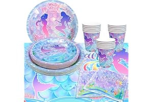 KAXULVOBLIG Stoviglie per Feste a Sirena-113pcs Set di Stoviglie per Feste a Tema Sirena Inclusa Piatti di Carta Per Sirene,Bicchiere Tovaglioli e Tovaglia etc Forniture per Feste a Sirena Bambina, 16 Ospiti