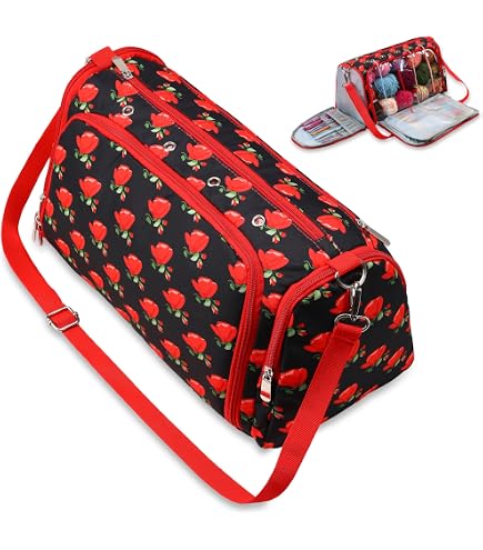 Hobby Gift Knitting Storage Bag - Rose Print Cotton Bag, 16x43x19cm, With Yarn Eyelet & Zippered Pocket