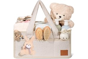 GABI STORE Nappy Caddy Organiser Changing Basket Baby Essentials Baby Hamper Basket Portable Travel Bag Luxury Soft Fabric Rabbit Key Ring Detachable Compartments Large Capacity Long Handles Beige
