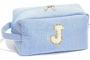 Veki Personalized Makeup Bag for Women, Initial Letter Cosmetic Bags, Preppy Makeup Bag with Zipper, Portable Toiletry Bag, Birthday Gifts for Women, Mom, Best Friend, Bride Bridesmaid (Blue, J)