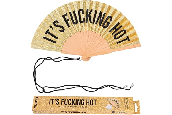 Fisura – Unik solfjäder med texten "f*cking hot”. Handhållen fläkt i trä med glittrig yta i guld. Modern stil, färgstark desi