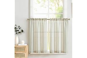 ‎TOPICK TOPICK Leinen Gestreifte Scheibengardinen Lichtdurchlässig Bistrogardine Sheer Vorhang Privatsphäre Fenstervorhang Gardine für kleine Fenster Küche Bad Wohnzimmer 2er Set 65Bx60H(cm) Grün auf Beige