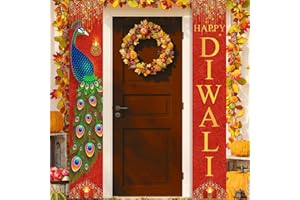 QYLAZUNE Diwali Decorations for House Welcome Banner Decor Happy Diwali Sign Peacock and Oil Lamp Paired with Golden On A Red Background Adding A Festive and Indian Touch to Your Celebrations Banners