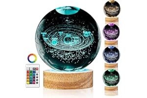 SPURLEH 3D Planet Crystal Ball Night Light 3.15in Solar System Crystal Ball 16 Colors Night Light with Wooden Base Snow Globe Glass Laser Engraved Gift for Women Kids Friends Family
