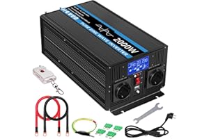 JIGUUN 2000W Inversor 24V 220V Onda Pura Inverter con Cargador 20A y Circuito Prioritario de Red y SAI，2 Tomas EU, Mando a Distancia Inalámbrico y Pantalla LCD Potencia Pico 4000W