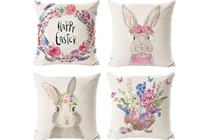 KOIROI 4 poszewki na poduszki wielkanocne, 45 x 45 cm, dekoracja wielkanocna, len, zajączek wielkanocny, na wiosnę, urlop, dekoracja na Wielkanoc, do domu, na imprezę (D)