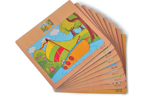 KIDS KINDLY Wooden 12 Piece Jigsaw Puzzle for Kids, Animals & Vehicle Theme Game, Promotes Fine Motor Skills, Improve Hand-Eye Coordination, Puzzle Game for Kids - 3 Years+ (Pack of 03) Random Design