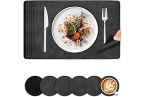 BEIJIE Placemats and Coasters Set of 6 - PU Faux Leather Heat Resistant Washable Table Mats - Non-Slip Waterproof Dual-Sided Place Mats for Kitchen Dining Outdoor Home Decoration - 44.5 x 30 cm (Grey Black)