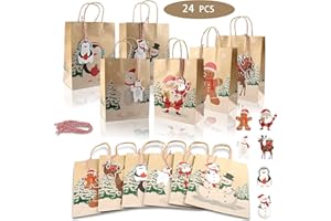 AMBOLIO Bolsas de Navidad de Kraft, Bolsas de Navidad, 24 Bolsas Regalo Papel de Navidad, Bolsas Navideñas con Asas, Bolsas Kraft Reutilizables para Regalos de Fiesta Navideña, Estilos Surtidos.