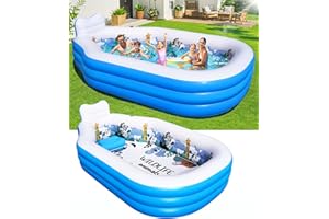 DeeprBlu Aufblasbarer Pool für Kinder und Erwachsene, Stabiles Planschbecken Rechteckig Groß mit Sitzbank und Rückenlehne, Draußen Familienpool für Kinder, 320x190x64cm Schwimmbecken Garten für Sommer