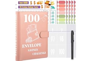 OPPZZIT 100 Envelopes Saving Challenge, PU Money Saving Wallet with Mark Stickers & Pen, Money Saving Challenge Budget Binder to Save £500, £5050, £10400, A5 Savings Binder for Adults, Kids, Pink
