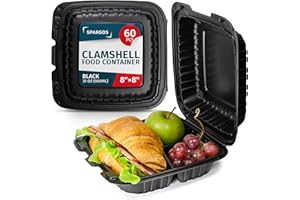 SPARGOS Food Takeaway Boxes 60 Pack 20x20cm - 950ml Сlamshell Take Away Biodegradable, Polystyrene - Burger Boxes Reusable - Disposable Containers Black with 3 Compartment - Takeaway Food Containers