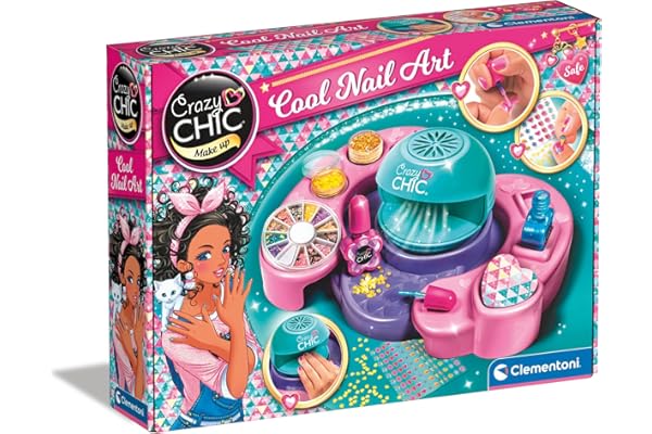 Clementoni | Crazy Chic – Cool Nail Art pour Enfants 6 Ans+ | Kit Manucure avec Séchoir à Ongles | Paillettes, Strass, Stickers, Pochoirs, Vernis Bleu | Activité Créative | Idée Cadeau Beauté