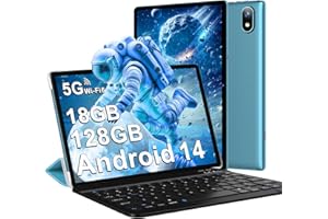 DMOAO Android 14 Tablette avec 5G Wi-FI 6, 18Go RAM + 128Go ROM(1 to Extensible), Tablette Tactile avec Widevine L1, BT 5.0, 8 cœurs, 2 en 1 Tablette 10 Pouces avec Clavier et Souris, 6000mAh, Bleu