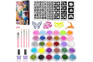 CODACE Temporary Glitter Tattoos Kit, 24 Large Glitter Colors & 6 Fluorescent Colors, 105 Stencils, Body Glitter Nail Art Glow in Dark Tattoo, Body Glitter Festival Party with 5 Brushes 2 Glue