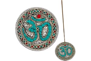 SNADI Bruciatore di incenso (incensiero). Incenso Supporto rotondo in alluminio con inserti. Design Om Turchese. Fatto a mano in India. (Turchese)