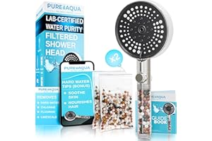 PURE AQUA FEEL FRESH, LIVE PURE PUREAQUA 5 Stage Filtered Shower Head (X2 Power - Higher Filtration) | Shower Filter Hard Water UK (Soothe Skin & Hair) | 3 Lux Spray Settings | High Pressure Shower Heads | Water Softener Shower Head