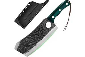 FULLHI Coltello da macellaio con fodero, coltello da cuoco serbo Tang, coltello da verdure con mannaia in acciaio al carbonio per esterno, campeggio (Verde, 29,3cm)