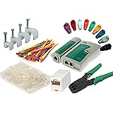 MutecPower - Kit di Strumenti di Rete Via Cavo: Cavo Tester + Pinza crimpatrice + 50 connettori RJ45 + 50 fermacavi da Parete