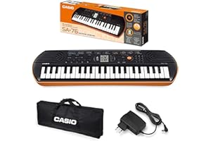 CASIO-KIT Casio SA-76 Mini Tastiera polifonica 8 Voci 44 Tasti Nera/Arancio + Borsa per Trasporto Originale (non imbottita) + Alimentatore Casio AD-E95100LG, Moderno, Nero