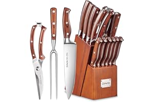 D.Perlla Blok na noże, 16-częściowy zestaw noży z drewnianym uchwytem, zestaw noży kuchennych ze stali nierdzewnej z drewnianym blokiem, profesjonalny nóż kuchenny ze stalową ostrzałką