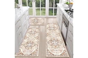 HEBE RUGS HEBE Farmhouse Kitchen Rugs Sets of 3 Non Slip Washable Boho Kitchen Rugs and Mats for Floor Kitchen Runner Rug Floor Carpet for Kitchen, Laundry, Hallways