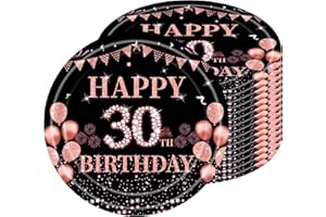 POPOYU Talerze papierowe na 30. urodziny, 16 sztuk jednorazowych talerzy urodzinowych, 23 cm, jednorazowe talerze dla chłopców i dziewczynek, czarno-różowe złoto, talerze papierowe na imprezę urodzinową,