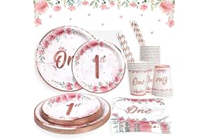 Heboland 1 Geburtstag Mädchen deko, Partygeschirr für 25 Gäste, Einweggeschirr Set 125 Stück Pappteller Pappbecher Servietten Strohhalme für Kindergeburtstag, 0-9 Jahr, 25-teilig Ø23cm Speiseteller