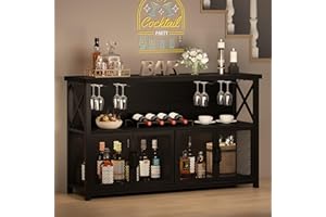 LVB Black Coffee Bar Cabinet, Modern Liquor Cabinet for Liquor and Glasses, Kitchen Sideboard Buffet Cabinet with Wine Rack Storage, Farmhouse Wine Cabinet for Home Living Dining Room, Black Oak 47 In