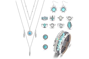 CASSIECA Bohemian Jewelry Set for Women Ethnic Style Costume Necklace Multilayer Boho Stretch Beaded Bracelet Vintage Dangle Earrings Boho Rings