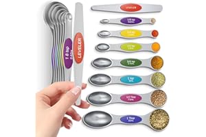 HOWGOODY Premium Magnetic Measuring Spoons Set|Strong N52 Magnets|Heavy Duty Stainless Steel|Dual-Sided for Spice Jar & Liquid Measuring|Dishwasher Safe|7 Spoons with Leveler for Baking & Cooking (Rainbow)