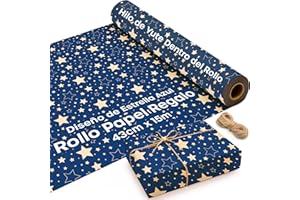 VOLILA Azul Papel Regalo Navidad Kraft con Diseño de Estrellas- Rollo de Papel Regalo de 15 m x 43 cm con 2 Cuerdas de Yute - Ideal Como Papel Regalo Rollo y Papel de Regalo Navidad.