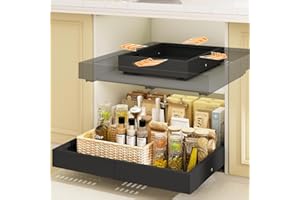 Mointal 2 Pezzi Cassetto Estraibile per Cucina 4 Direzioni, Cassetto Telescopico con Adesivo/Viti, Organizzatore per Mobili da Cucina, Larghezza 32-53 cm e Profondità 41,5-61 cm, Nero