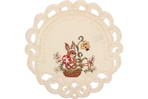 Quinnyshop Ostern Deckchen Häschen Ostereier Stickerei Ecru Creme Leinen Optik ca. 20 cm Rund