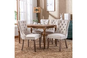 HomeTouch Luxury Velvet Kitchen Dining Chairs Set of 4 Upholstered Knocker Wing Back Office Chairs with Oak Wood Legs for Dining Room Bedroom, Hand Made (4, Beige)