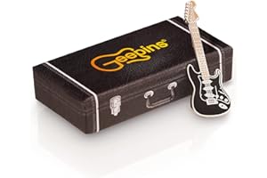 PICK GEEK Guitar Enamel Pin Badge by Geepins | Miniature Black Strat Brooch | 52 mm Length | Wear on Backpack, Shirt, Jacket, Lapel, Hat, or Tie | Presented in a Guitar Case Gift Box