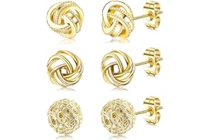 Roheafer 3 Pairs Gold Love Knot Earrings For Women Girls 14K Gold Plated Woven Ball Stud Earrings Love Knot Post Earrings for Sensitive Ears