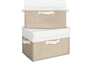 GRANNY SAYS Wardrobe Storage Boxes with Lid, Pack of 2 Collapsible Storage Boxes Lidded, Large Fabric Baskets for Shelves Organising, Top of Wardrobe Organisation, White&Khaki, 40 x 26 x 25.5 cm