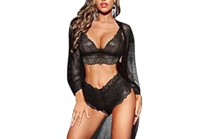 RSLOVE Seksowna bielizna dla kobiet koronkowa bielizna zestaw z siateczkowym szlafrokiem 3-częściowy zestaw bielizna nocna bielizna nocna