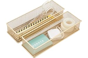 Annova Mesh Drawer Cabinet and Shelf Organizer Bins Storage Basket School Office Supply Holder Tray- Set of 2 (Gold, 22.5x7.5x5 cm)