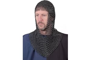 ‎BATTLE-MERCHANT Battle-Merchant Kettenhaube, V-Auschnitt, ID9mm, Mittelalter LARP Wikinger Fasching Kettenhemd Kettenringe | brüniert/verzinkt