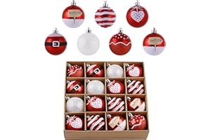 ‎VALERY MADELYN Valery Madelyn Weihnachtskugeln 16 Stücke 6cm Christbaumkugeln Kunststoff Weihnachtskugel Weihnachtsdeko mit Aufhänger Geschenkpaket Weihnachtsbaumschmuck Rot Weiß Thema